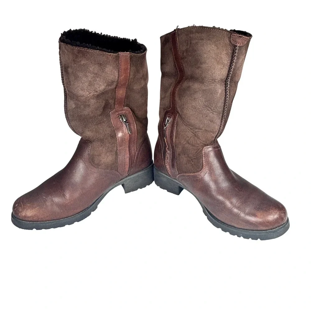 UGG Bellevue Sheepskin Foldover Boots Brown Leather Suede Shearling Buckle Sz‎ 8